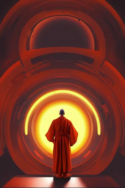 Image similar to portrait of a monk in a spaceship, round window, exploding planet, orange robe, dramatic lighting, artstation, matte painting, ralph mcquarrie