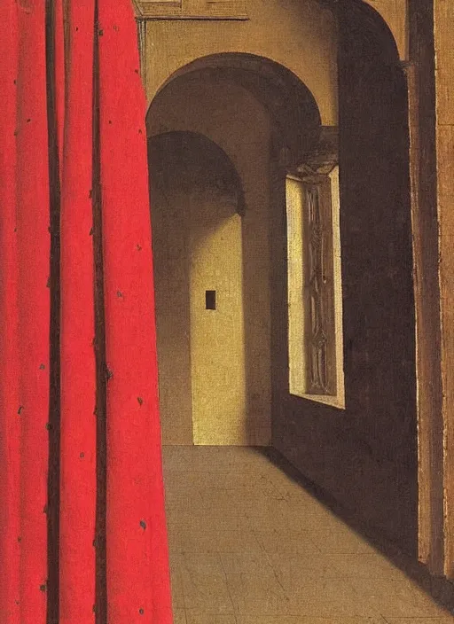 Image similar to red curtain on the floor, medieval painting by jan van eyck, johannes vermeer, florence