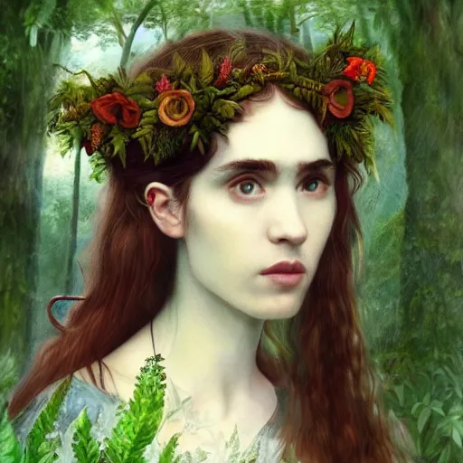 Image similar to a romantic pre-raphaelite portrait of Grimes as a forest fairy in a beautiful botanic garden, concept matte, trending on artstation