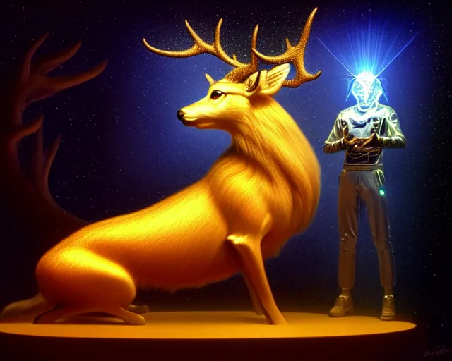 Image similar to beauty golden deer dog admiring a small hologram with alien artifacts, mechanical holographic case display, 80s Aliens tech, ultrarealistic, dramatic lighting, electrical details, high details, 4k, 8k, best, accurate, trending on artstation, artstation, photorealism, ultrarealistic, digital painting, style of Wayne barlowe and Boris Vallejo and Peter Mohrbacher