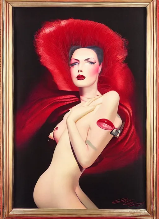 Image similar to an 8 0 s portrait of a woman with dark eye - shadow and red lips with dark slicked back hair dreaming acid - fueled hallucinations by serge lutens, rolf armstrong, delphin enjolras, peter elson, red cloth background