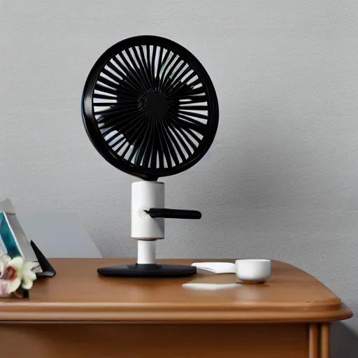 Prompt: desk fan with a tube attached to the back leading to the top of the room, professional photography, studio lighting