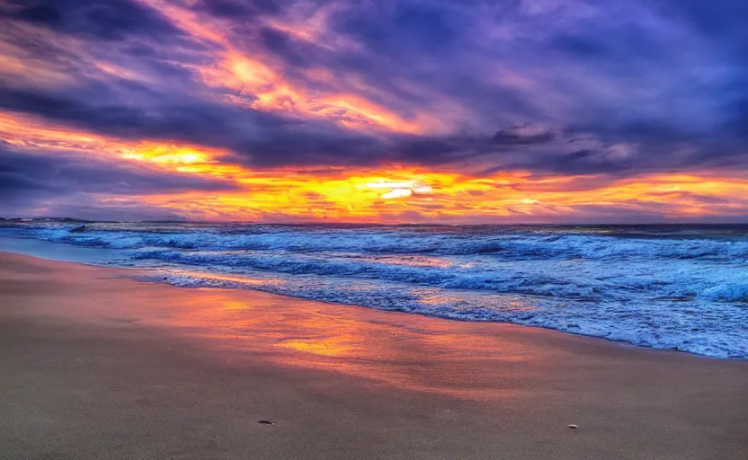 Image similar to A gorgeous sunset at the beach, long focal length, sunset vibes, hdr 8k, dslr photography