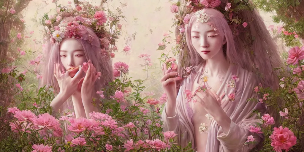 Image similar to breathtaking detailed weird concept art painting of the goddess of light pink flowers, orthodox saint, with anxious, piercing eyes, ornate background, amalgamation of leaves and flowers, by Hsiao-Ron Cheng, James jean, Miho Hirano, Hayao Miyazaki, extremely moody lighting, 8K