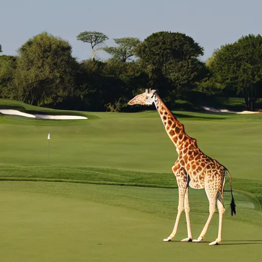 Prompt: Giraffe in a polo at a golf course