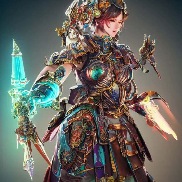 Prompt: studio portrait of lawful good colorful female holy mech paladin as absurdly beautiful, elegant, young gravure idol, ultrafine hyperrealistic detailed face illustration by kim jung gi, irakli nadar, intricate linework, sharp focus, bright colors, matte, octopath traveler, final fantasy, unreal engine highly rendered, global illumination, radiant light, intricate environment