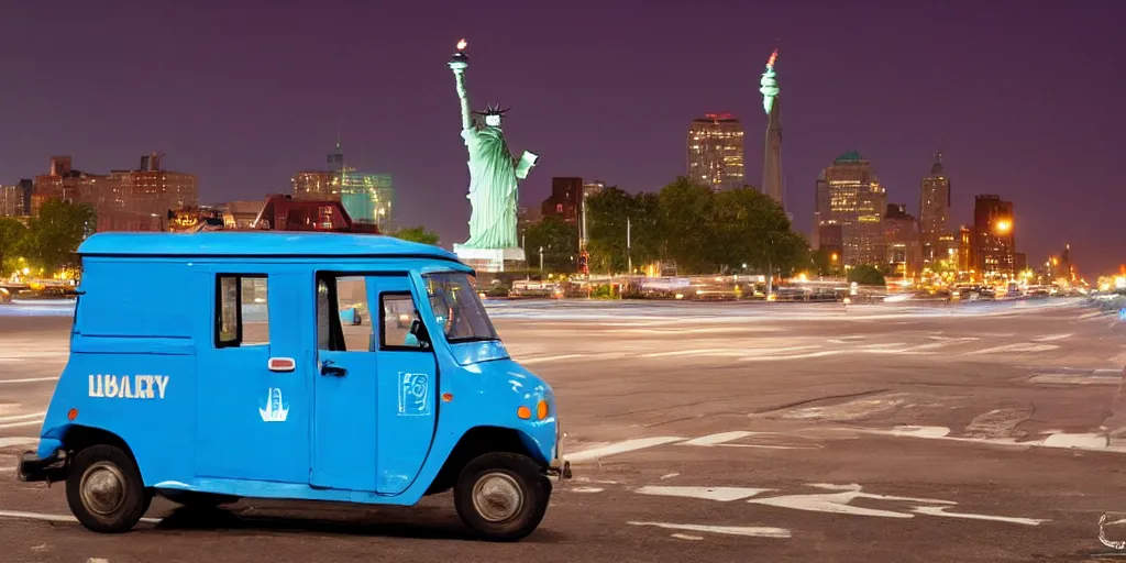 Image similar to a lonely blue tuk tuk with the statue of liberty in the background, night, full color