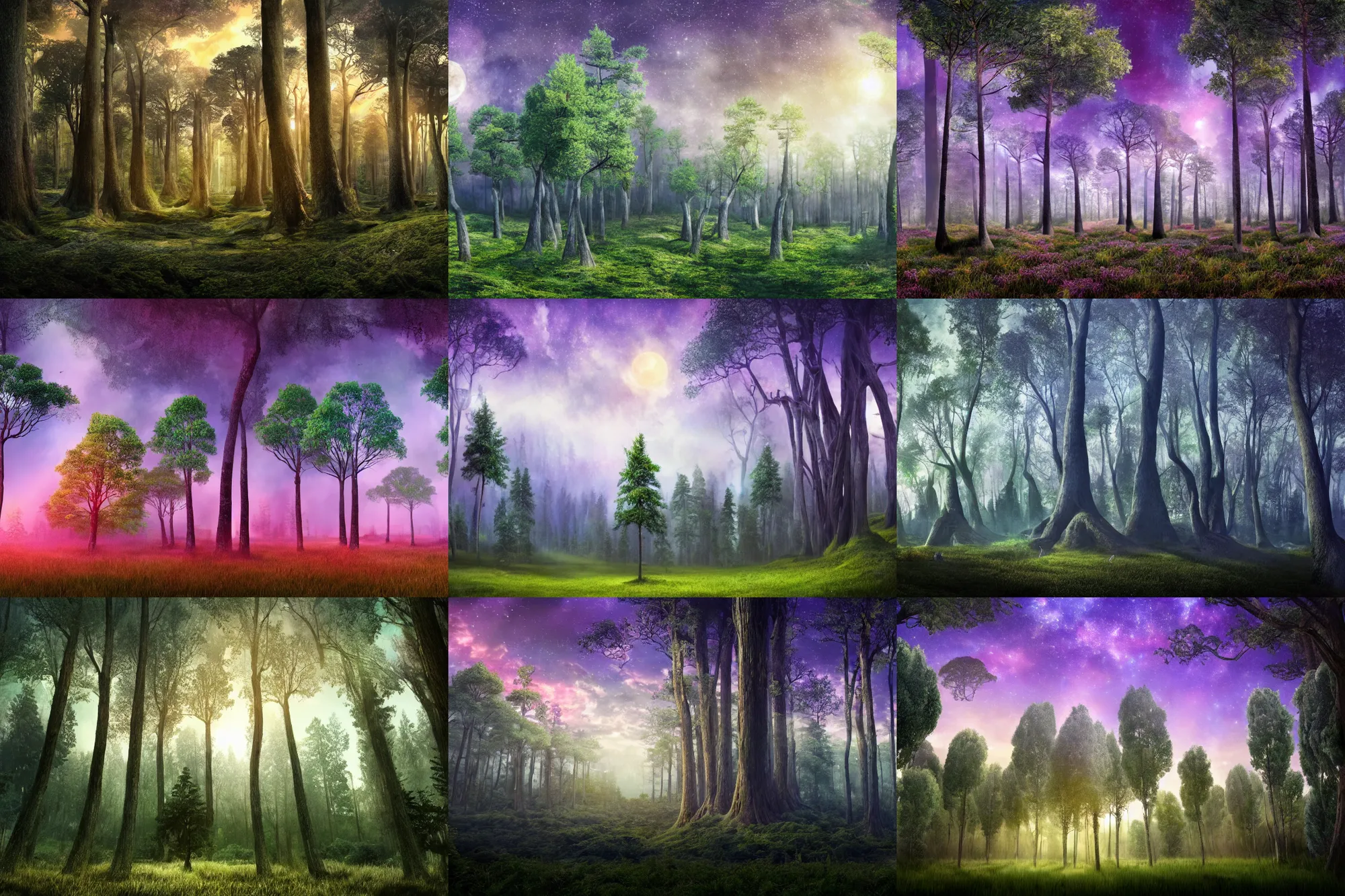 Prompt: inside of a giant upside down forest with gigantic trees with the murple sky dawn, cinematic, a lot of trees on the hill photorealistic matte painting, trees closeup