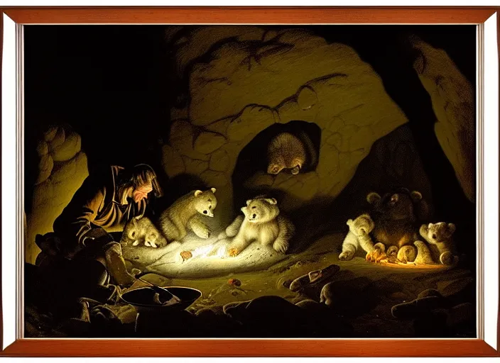 Image similar to Pieter Claesz's 'bear and her cubs sleeping in a dark cave lit by campfire', night time, cross hatching, framed