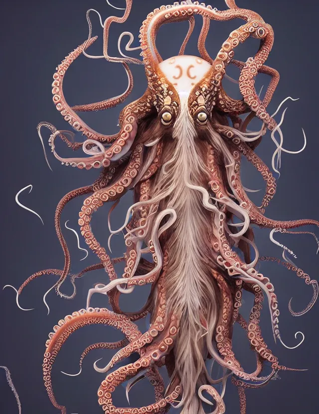 Image similar to 3 d goddess octopus half - turn portrait with long hair with ram skull. beautiful intricately detailed japanese crow kitsune mask and clasical japanese kimono. betta fish, jellyfish phoenix, bio luminescent, plasma, ice, water, wind, creature, artwork by tooth wu and wlop and beeple and greg rutkowski