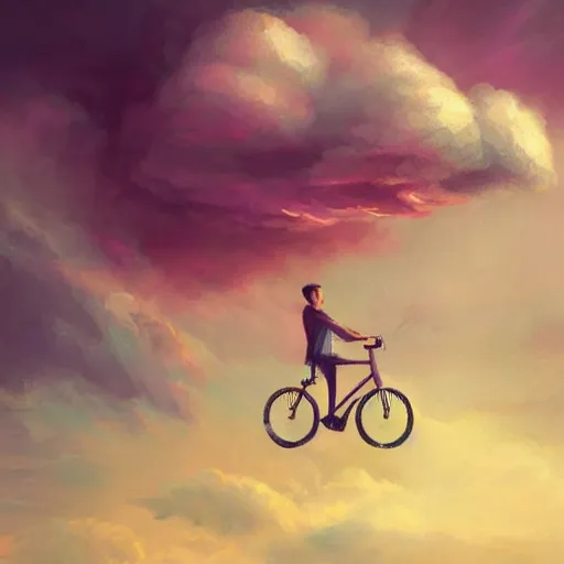 Prompt: A striking painting of a happy man flying in the sky on his bicycle in the clouds, closeup, award-winning digital art by Ross Tran