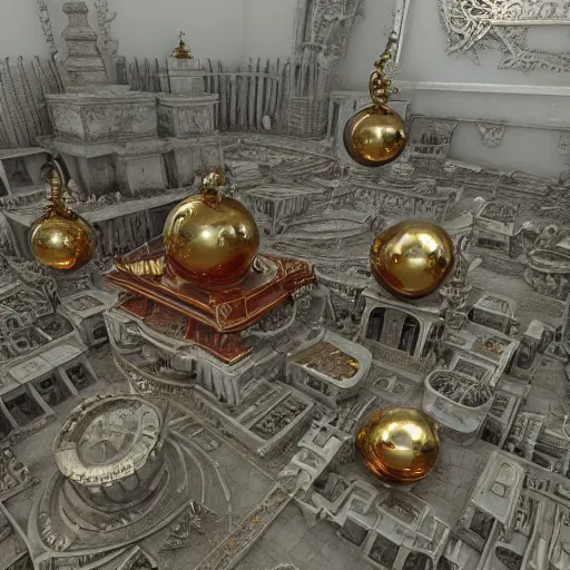 Image similar to hyper detailed hardsurface modelled 3 d geometry, houdini destruction of aminimalist design temple, tarnished gold sphere is far far in the distance, deep perspective, wide angle, insanely detailed and intricate,, eal, gold, silver red, paradise hospital environment,