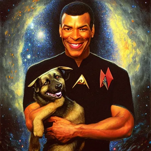 Prompt: a portrait of a black german shepard dogman canine with human eyes smiling holding a phaser star trek captain red shirt. highly detailed painting by gaston bussiere craig mullins jc leyendecker gustav klimt artgerm greg rutkowski