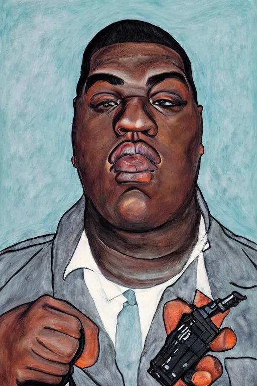 Prompt: a portrait of biggie smalls holding a gun in style of egon schiele, 4 k, trending on artstation, photorealistic