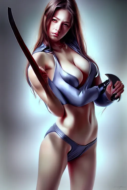 Image similar to Photorealistic hyperrealism woman holding an axe by Artgerm and WLOP, Pixiv