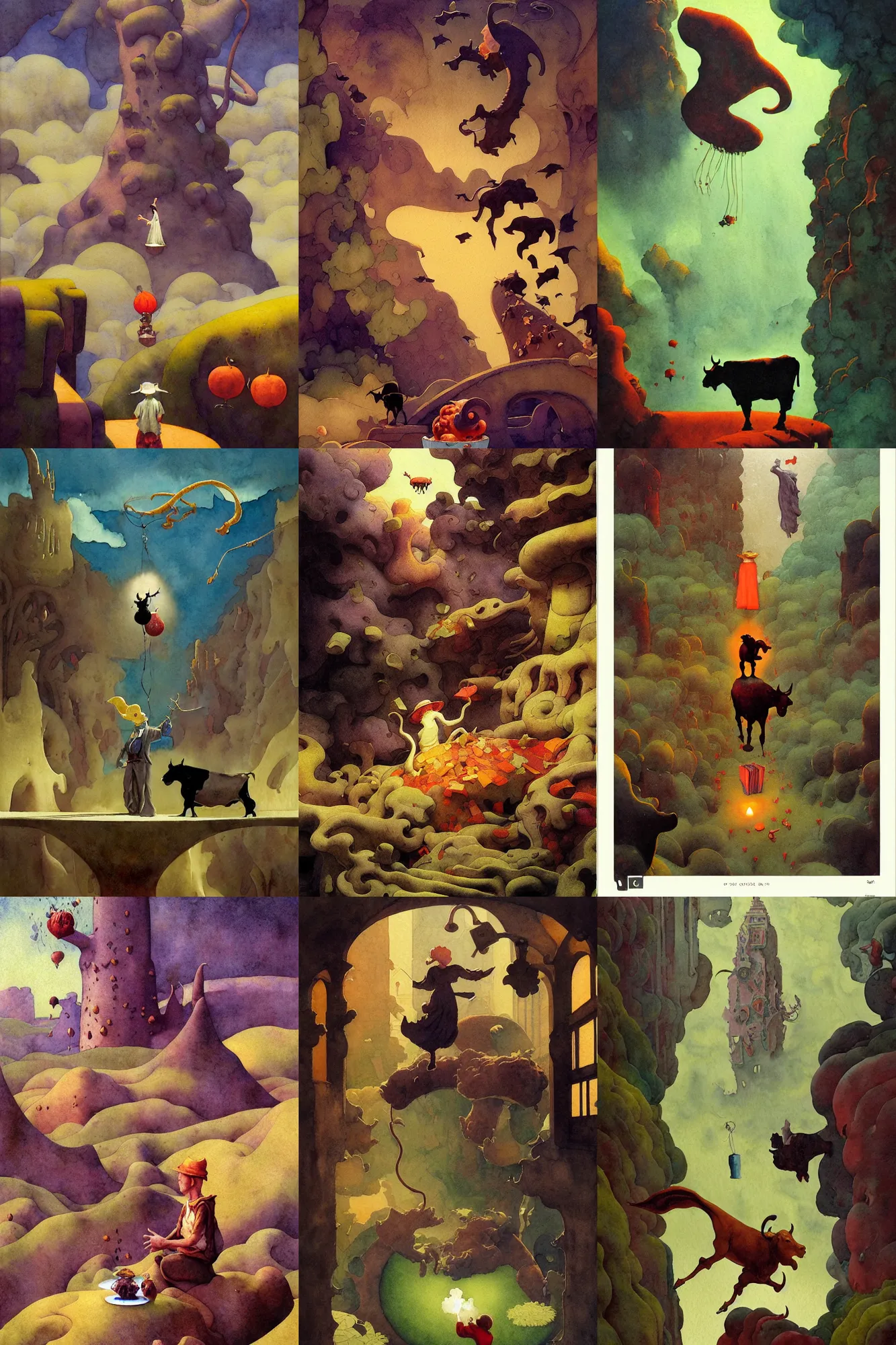 Prompt: dixit card, strange place, steak, cow, beanstalk, focal point, character eating, dark fantasy, intricate, orthographic, amazing composition, colorful watercolor, by ruan jia, by maxfield parrish, by shaun tan, by nc wyeth, by michael whelan, by escher, illustration, gravity rush, volumetric