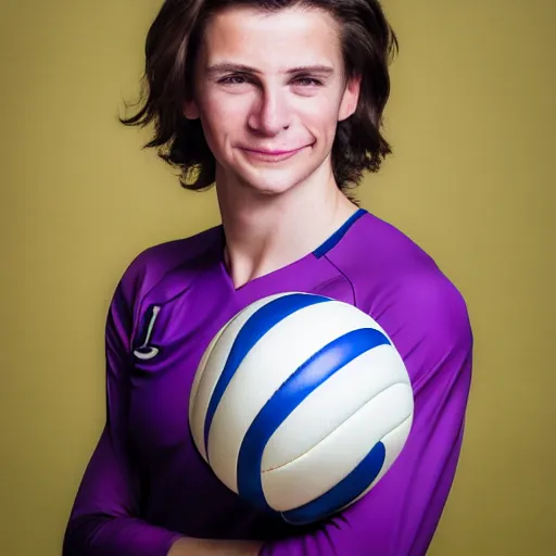 Image similar to photographic portrait by Annie Leibovitz of a young white male smiling with short brown hair that sticks up in the front, dark eyes, groomed eyebrows, tapered hairline, sharp jawline, wearing a purple white volleyball jersey, sigma 85mm f/1.4, 15mm, 35mm, 4k, high resolution, 4k, 8k, hd, full color