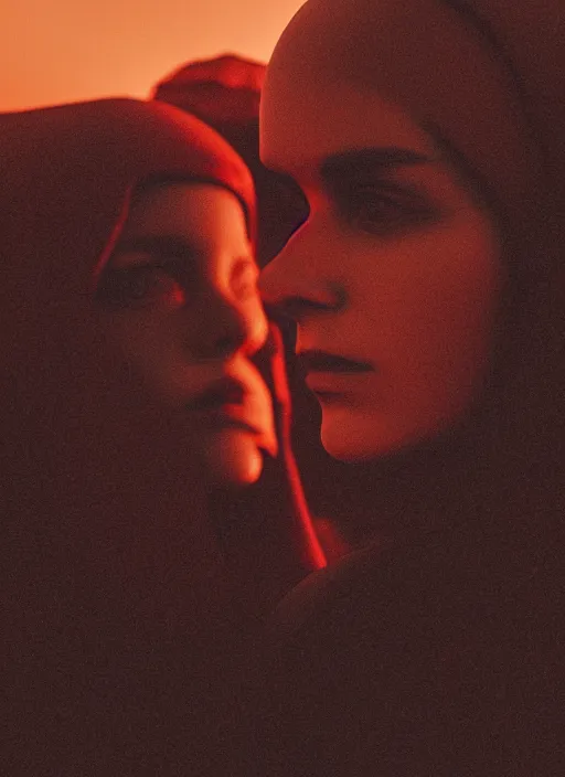 Image similar to cinestill 5 0 d photographic portrait of two loving female androids wearing rugged black techwear on a desolate plain with a red sky in front of a brutalist structure, extreme closeup, cyberpunk style, dust storm, 8 k, hd, high resolution, 3 5 mm, f / 3 2, ultra realistic faces, ex machina