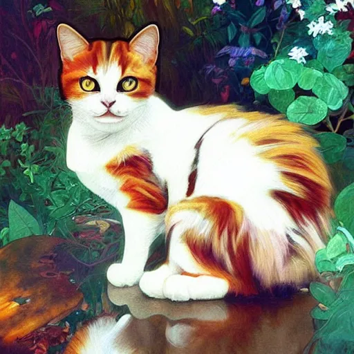 Prompt: painting of a calico cat!!!!!!, calico cat, animal, cat masterpiece, sakimichan!!!!!, Ross Tran, (((Alphonse Mucha)))