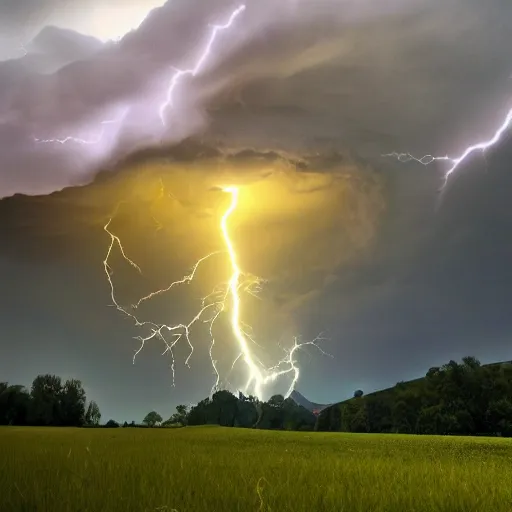 Prompt: chaotic wizard gone mad with power creating thunderstorms in a field