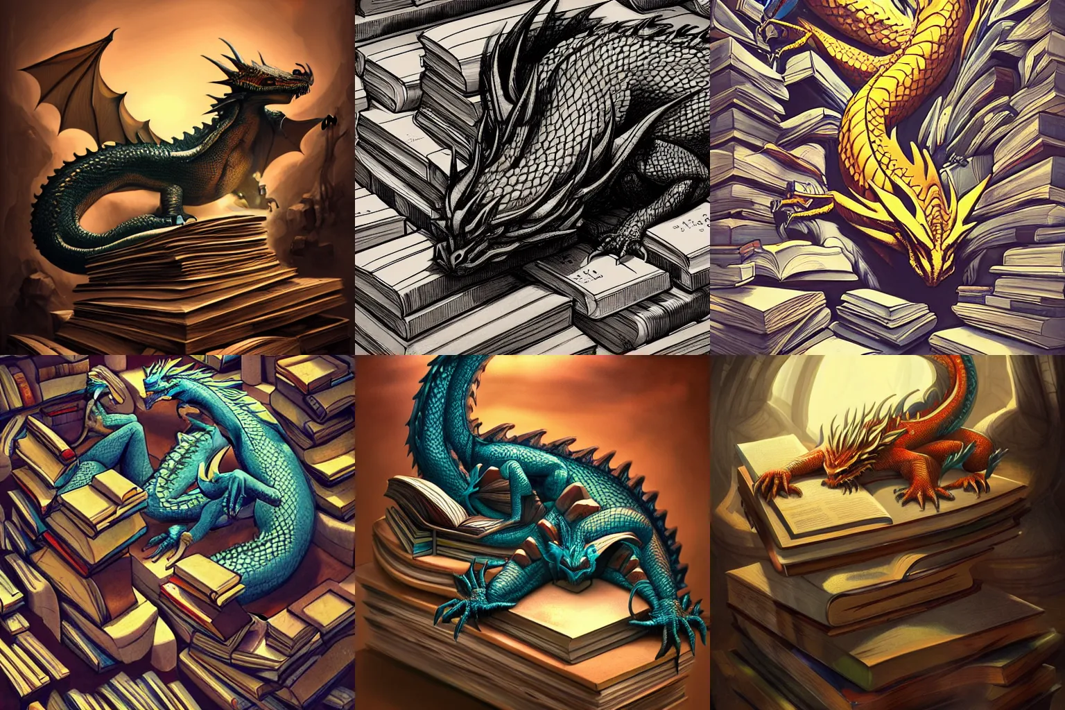 Image similar to A huge dragon sleeping on a hoard of books, by Randy Vargas. High angle. low light. Trending on Artstation. HQ