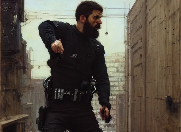 Image similar to Greg evades sgt Nash. Cyberpunk hacker escaping menacing police troopers (blade runner 2049). bearded face. rooftop free running. Iranian orientalist portrait by john william waterhouse and Edwin Longsden Long and Theodore Ralli and Nasreddine Dinet, oil on canvas. Cinematic, hyper realism, realistic proportions, dramatic lighting, high detail 4k