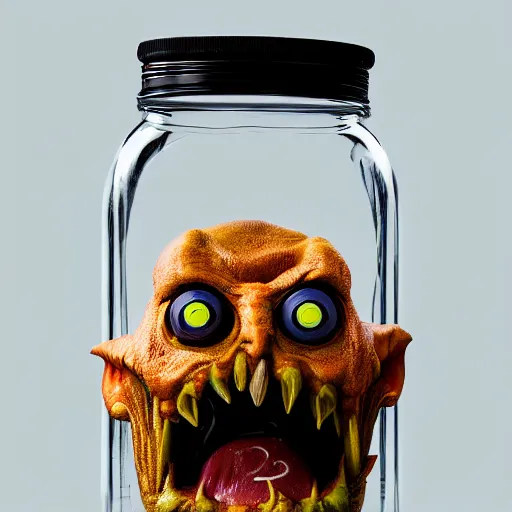 Image similar to Evil monster in a jar, product photography, centered, studio lightning