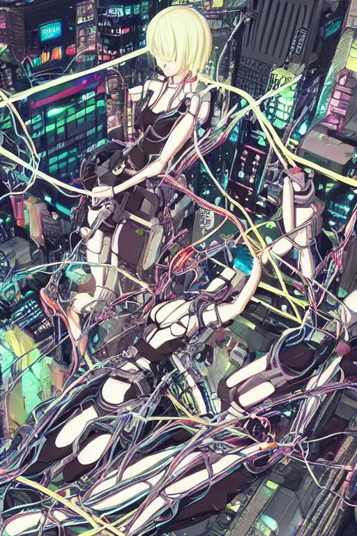 Image similar to cyberpunk anime illustration of a group of female androids lying on an empty white floor in various poses with their bodies open showing a tangled mess of wires and cables coming out, by katsuhiro otomo and masamune shirow, hyper-detailed, colorful, beautiful, bird view