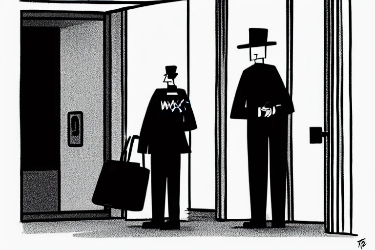 Prompt: tall, security guard checks the bags of a worried looking woman, art in the style of the new yorker