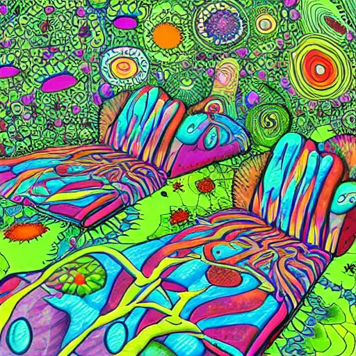 Prompt: psychedelic trippy cartoon couch in the deep dark forest