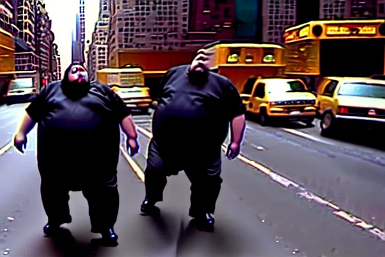 Prompt: [ 1 6 k ] a fat man stomping over new york city. terrorist attack