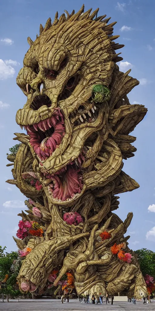 Image similar to colossal grotesque prehistoric flower made from best unfulfilled mankind projects in the middle of abandoned post soviet constructivist cityscape, Stalinist architecture, ultradetailed, Intricate by Hayao Miyazaki and Josan Gonzalez and Makoto Shinkai and Giuseppe Arcimboldo and Wes Anderson