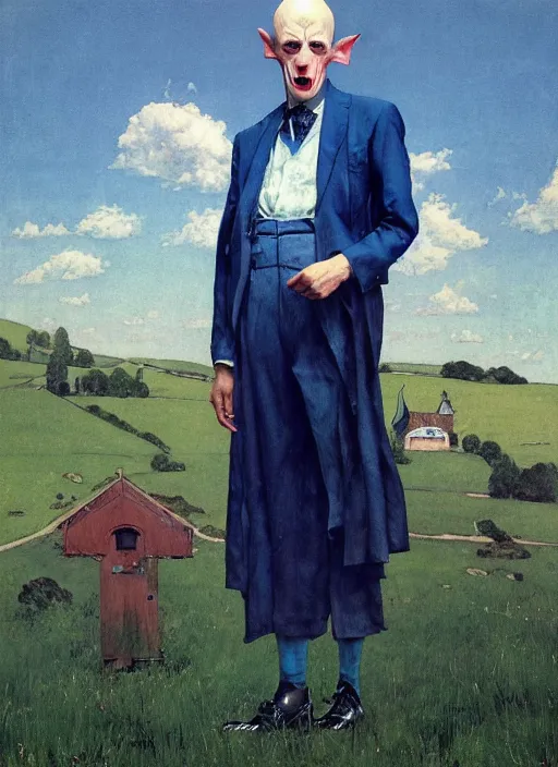 Image similar to upper body portrait of blue-faced nosferatu in a suit, english countryside in the background, sunny day, by norman rockwell and frank schoonover, photoreal, character concept art, artstation