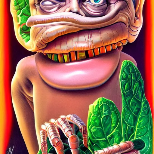 Image similar to beautiful lifelike painting of praying mantis garbage pail kid, hyperreal detailed facial features and uv lighting, art by ed roth and basil wolverton