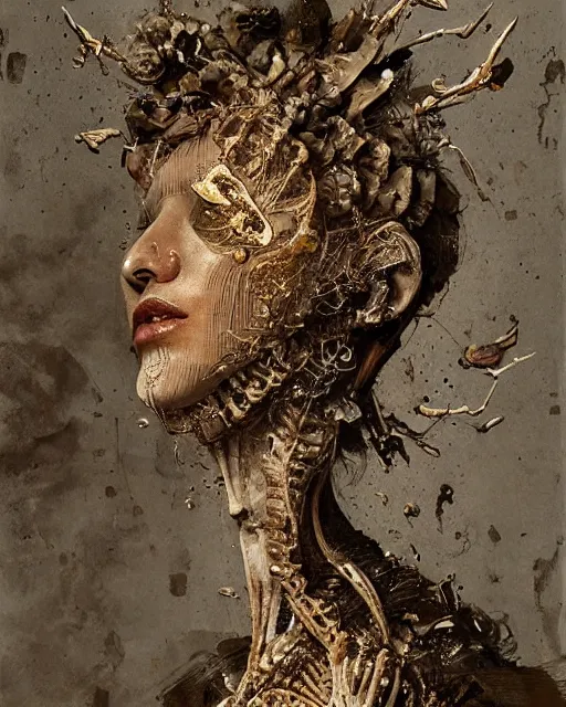 Image similar to A boney thin body girl humanoid with teared viscose clothes wearing a carved mineral mask with tiny mineral and gold incrustations, hyper detailed, insane details, intricate, elite, ornate, elegant, luxury, by Ismail inceoglu dragan bibin hans thoma greg rutkowski Alexandros Pyromallis Nekro Rene Maritte Illustrated, Perfect face, fine details, realistic shaded, fine-face, pretty face