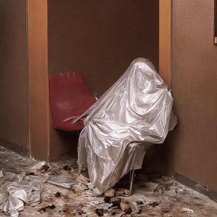 Image similar to a color photograph, closeup portrait of a woman wrapped in plastic, sitting in an abandoned coffee shop, color photograph, by vincent desiderio, canon eos c 3 0 0, ƒ 1. 8, 3 5 mm, 8 k, medium - format print