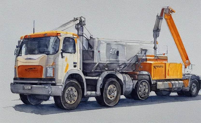 Image similar to concept art of a crane truck, pinterest, artstation trending, behance, watercolor, by coby whitmore, silver, laser light,