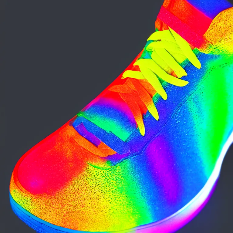 Image similar to photography of a realistic rainbow color air force sneaker, ultra detailed, 8 k, black background, trending on artstation