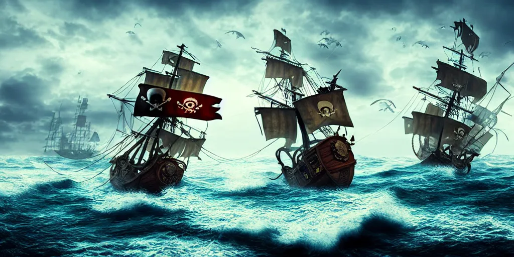 Image similar to pirate ship on rough seas, pirate ship being attacked by sea monsters, photorealistic illustration, high quality render, 8 k resolution