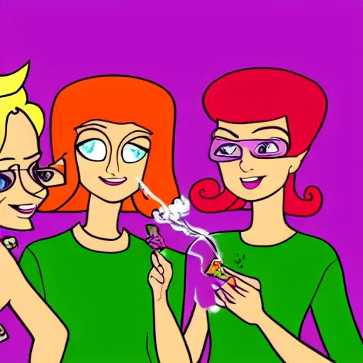 Image similar to photograph of grownup Powerpuff Girls smoking weed in a purple room