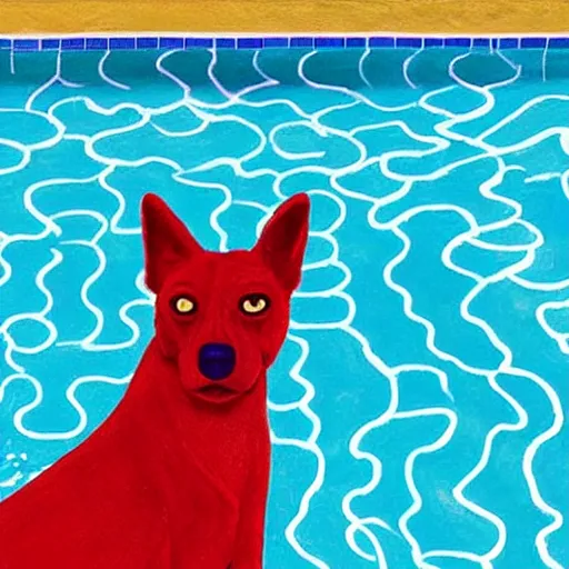 Image similar to close-up of a red dog in front of a pool, painting by david hockney, highly detailed