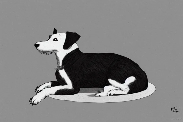 Prompt: cute black and white jack russel terrier laying on dog bed, large round eyes, concept art, matte painting, fantasy illustration, by victo ngai and diego gisbert llorens