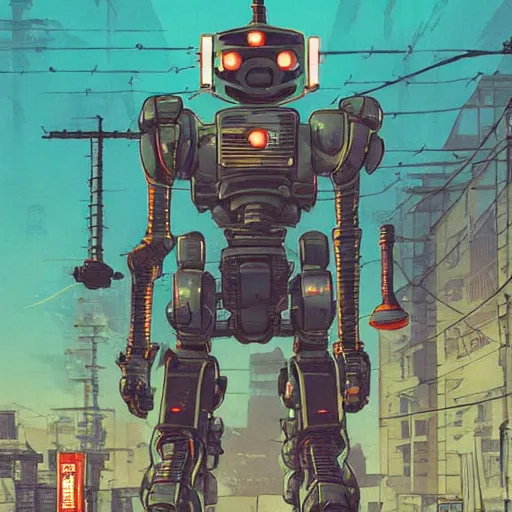 Image similar to Masamune Shirow simon stalenhag exterior Robot Knight Myrmidon street neo tokyo cyberpunk. ian mcque ink calligraphy art James Gilleard.