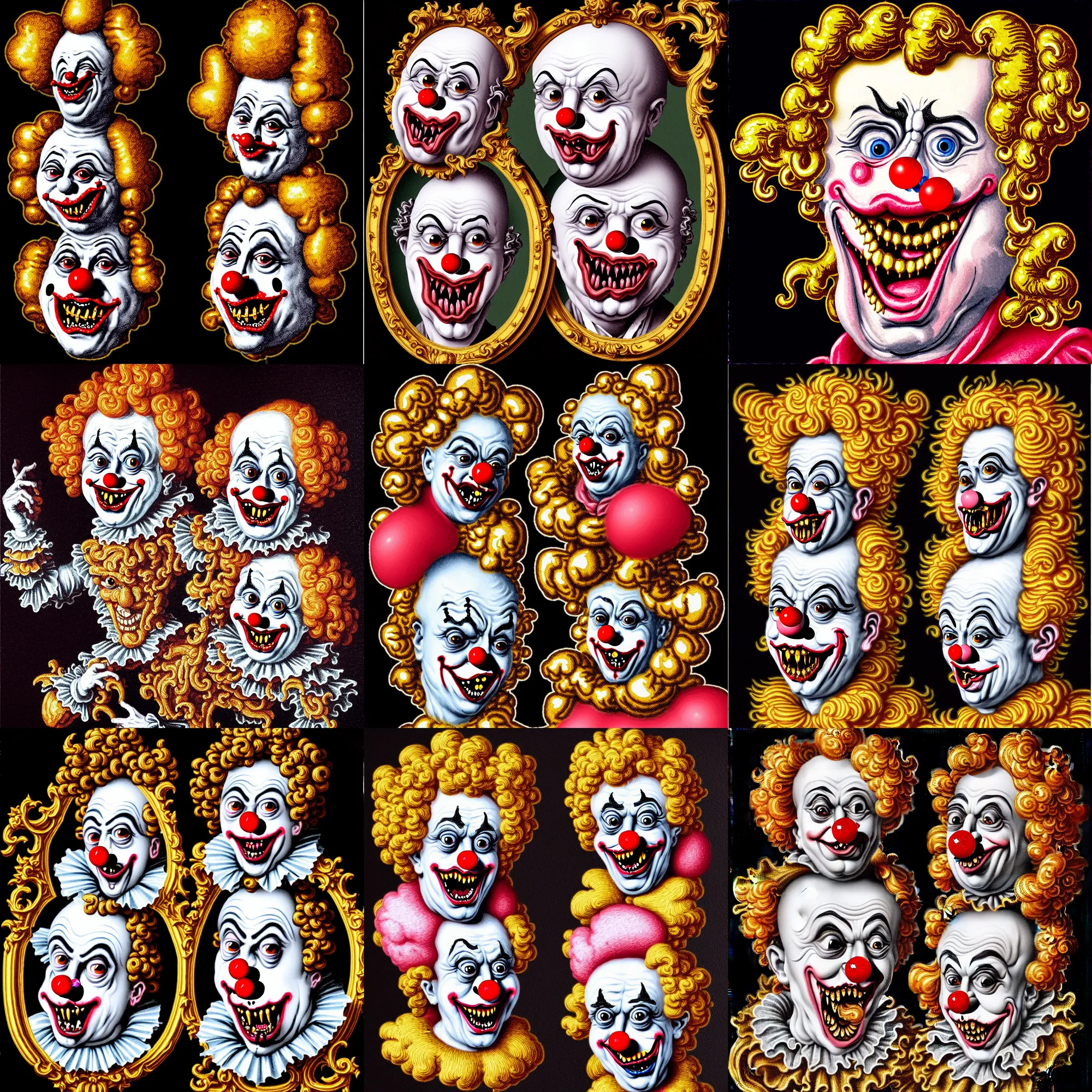 Prompt: a wonderful highly detailed ornate rococo reaction emoji of a cute clown vampire in the style of francis bacon