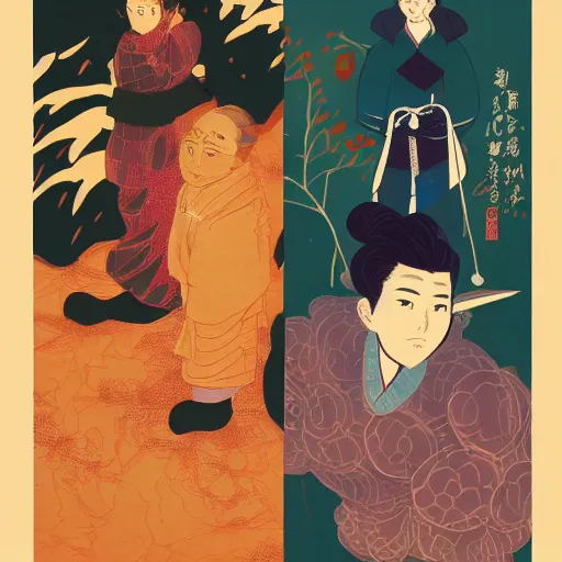 Image similar to portrait of two characters in the style of genshin impact art style and victo ngai