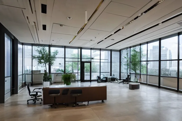 Prompt: a beautiful office building lobby with sleek modern design and large windows