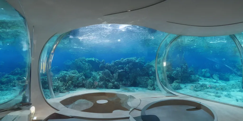 Image similar to interior of an underwater home that is an undersea dome with windows