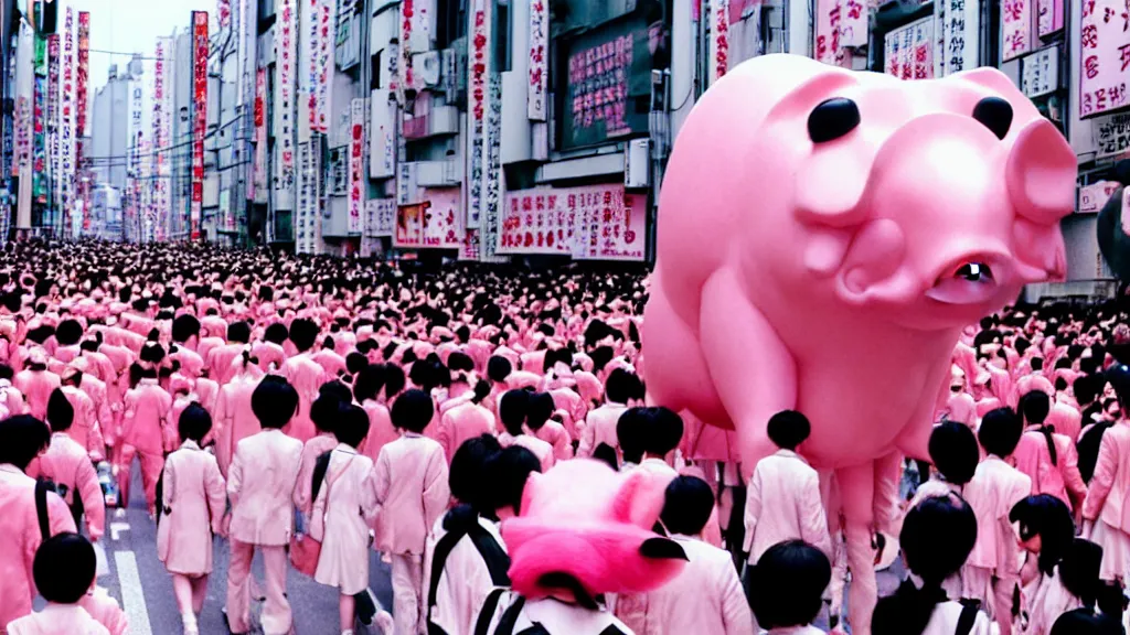 Image similar to a parade on the streets Tokyo everyone is dressed in pink and wearing pig masks, film still from the an anime directed by Katsuhiro Otomo with art direction by Salvador Dalí, wide lens
