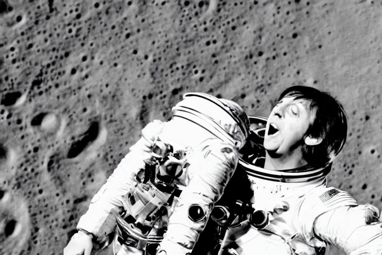 Image similar to Paul mccartney playing on the moon in an astronaut outfit, face visible. mouth open wide