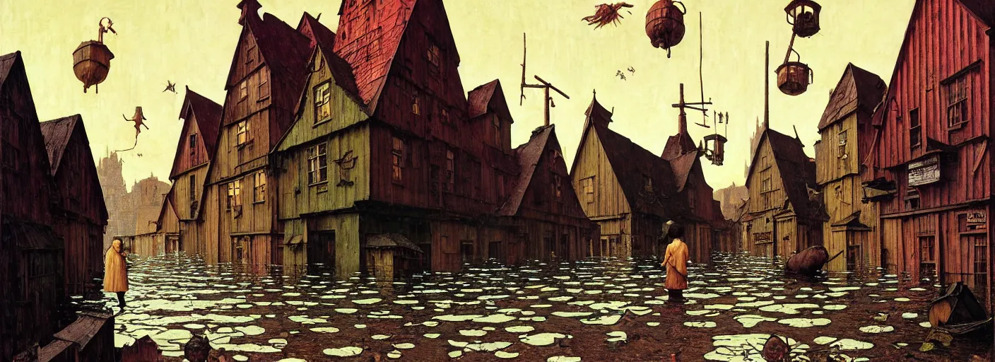 Image similar to flooded old wooden city street, very coherent and colorful high contrast masterpiece by norman rockwell franz sedlacek dean ellis simon stalenhag rene magritte gediminas pranckevicius hieronymus bosch, dark shadows, sunny day, hard lighting, reference sheet white background